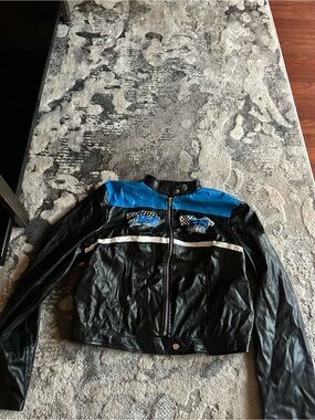 SHEIN Black and Blue Faux Leather Racing Jacket with Patch Details